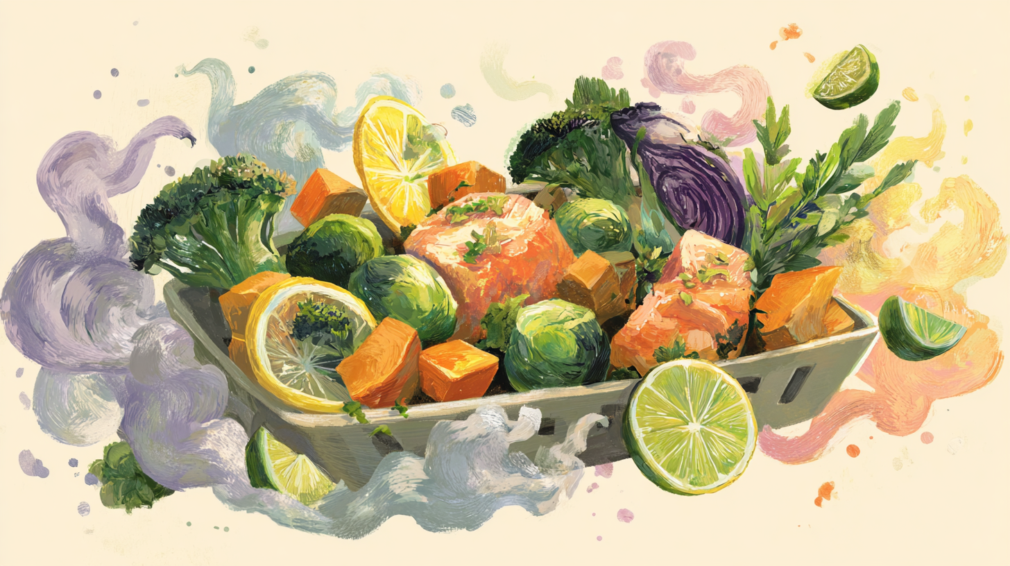 Air fryer filled with colorful fresh vegetables and lean proteins showing healthy meal preparation