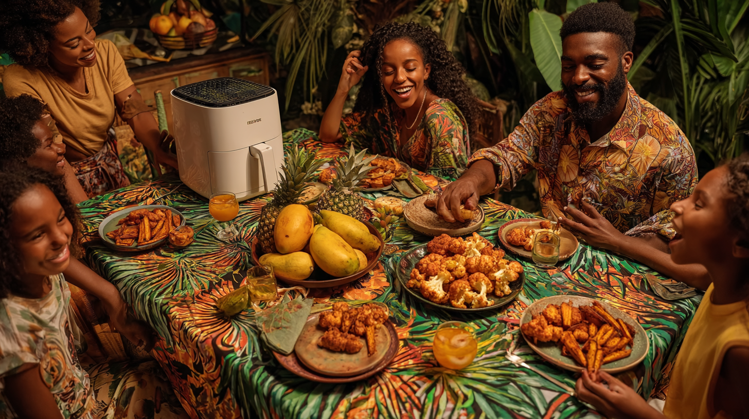 Family enjoying healthy air fried meal together at dinner table with fresh vegetables and lean proteins