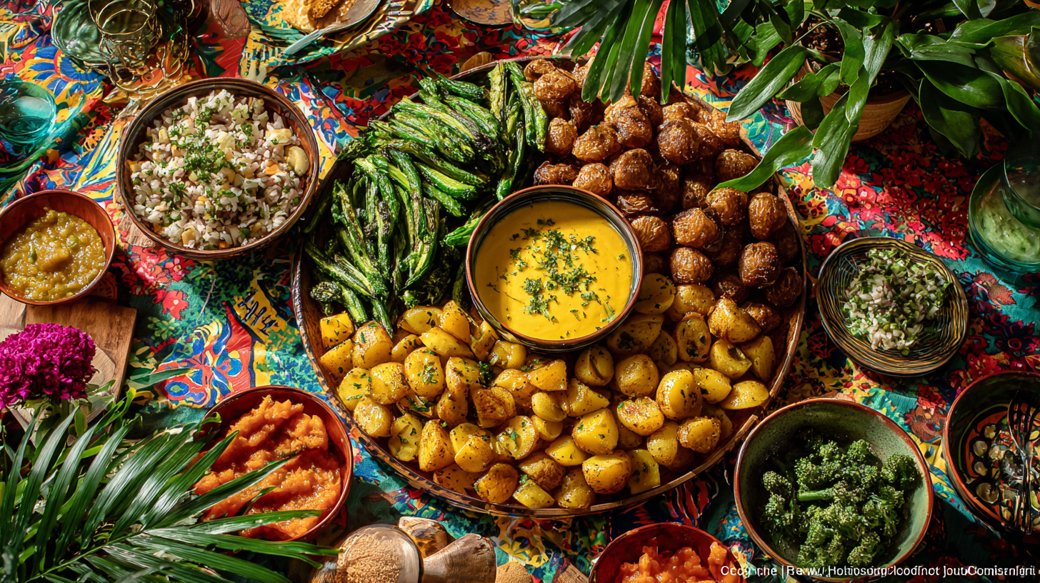 Roasted and steamed vegetables side by side on a family-style platter