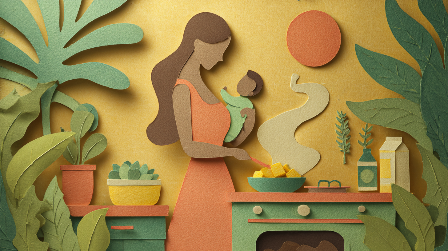 Parent cooking a Caribbean inspired family meal while baby sits nearby