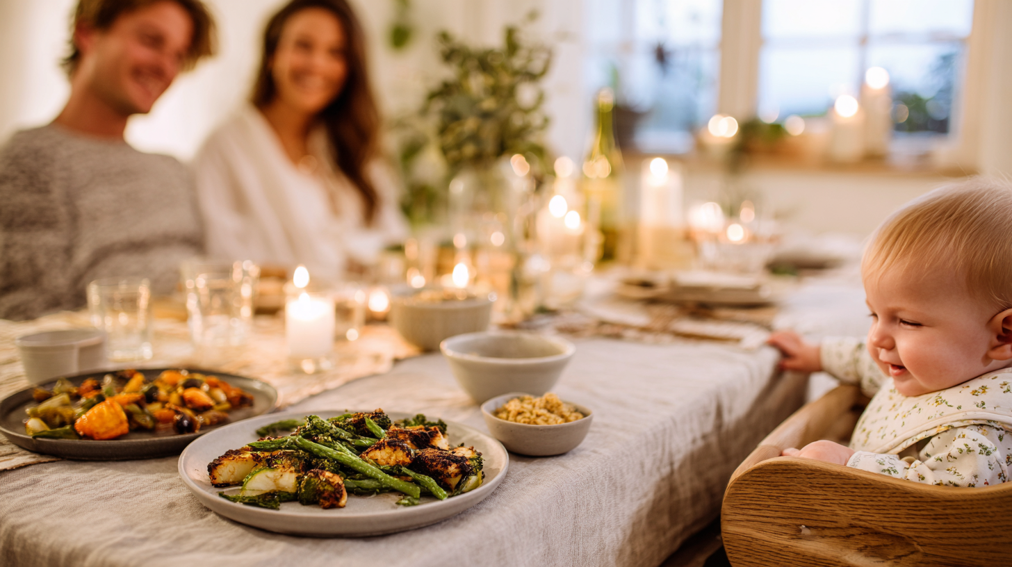 Happy family enjoying oil-free cooked Caribbean meal together at dinner table