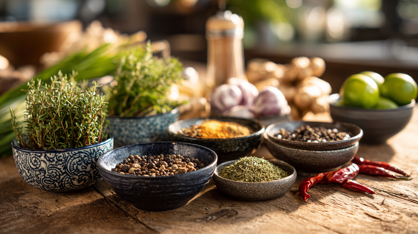 Fresh herbs and spices arranged beautifully on a kitchen counter representing sodium-free flavoring alternatives