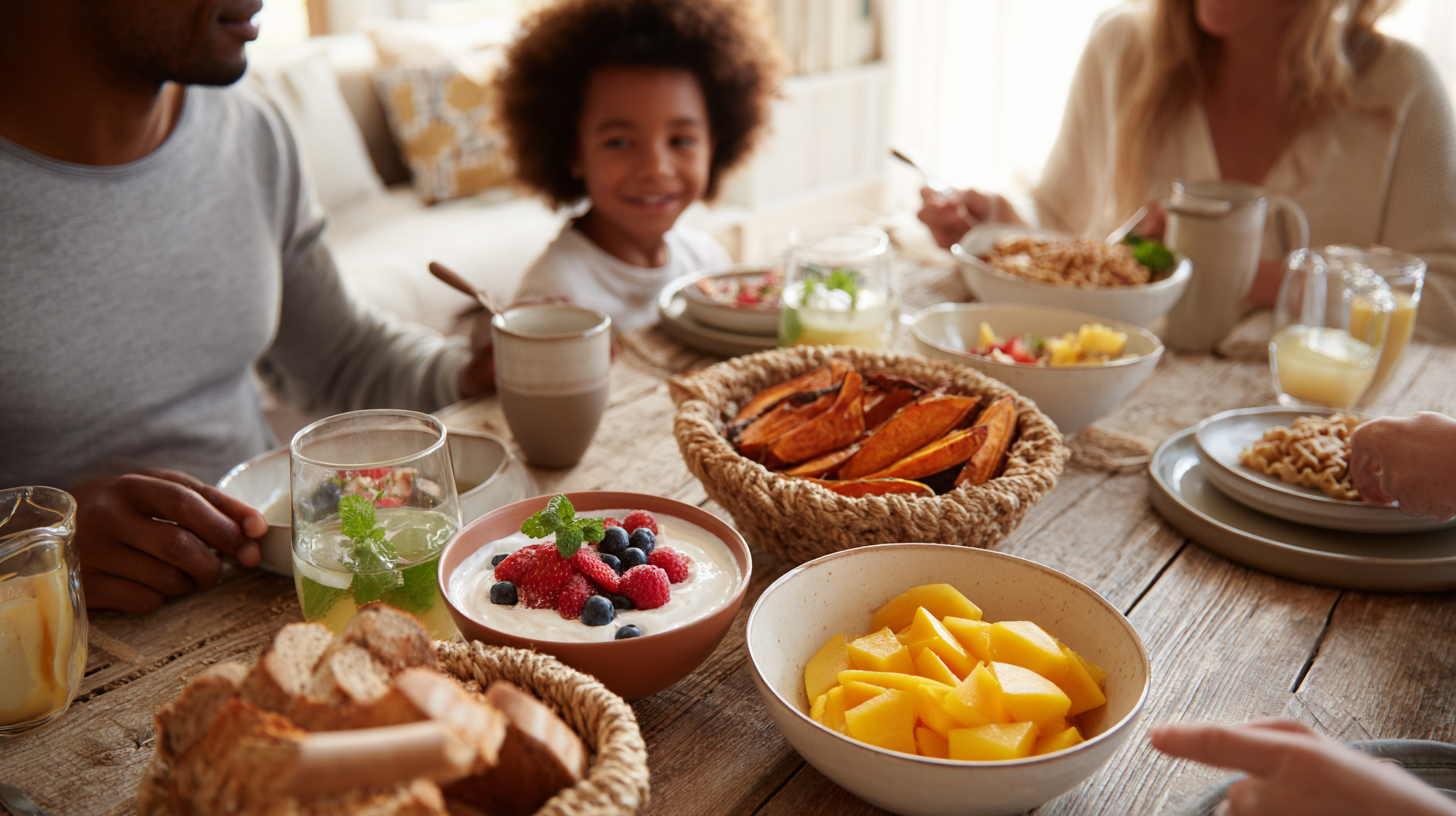 Family enjoying naturally sweet whole foods together at the dinner table with fresh fruits and vegetables
