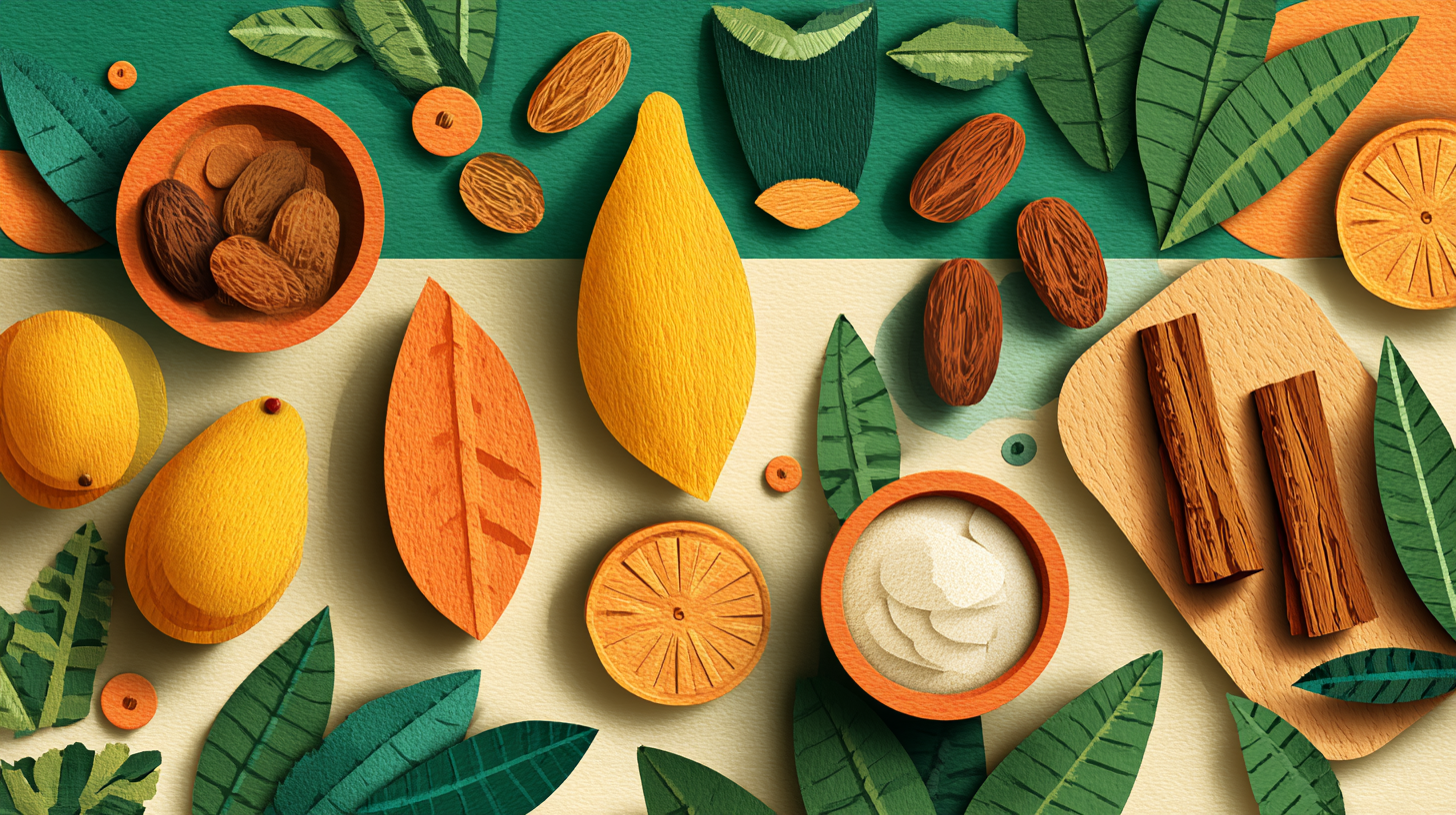 Naturally sweet whole foods including ripe mangoes, sweet potatoes, dates, and cinnamon sticks arranged beautifully
