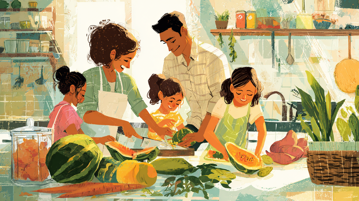 Happy family preparing healthy meals together in kitchen with fresh whole foods and smiling children