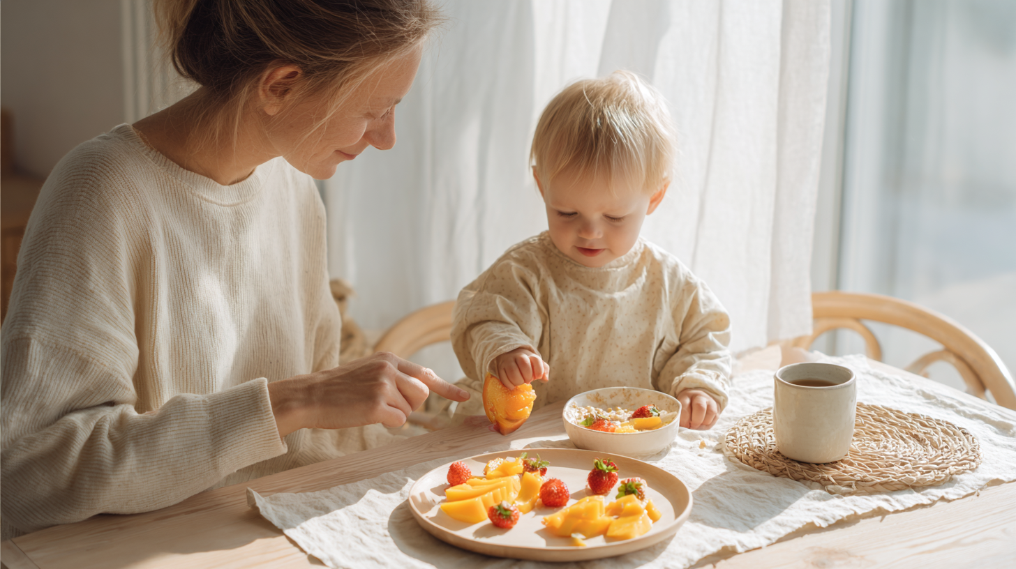Parent and toddler exploring naturally sweet fruits together at the table