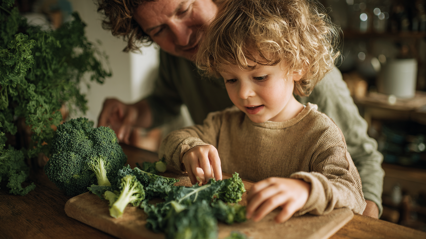Parent and child exploring bitter vegetables together in the kitchen with curious expressions