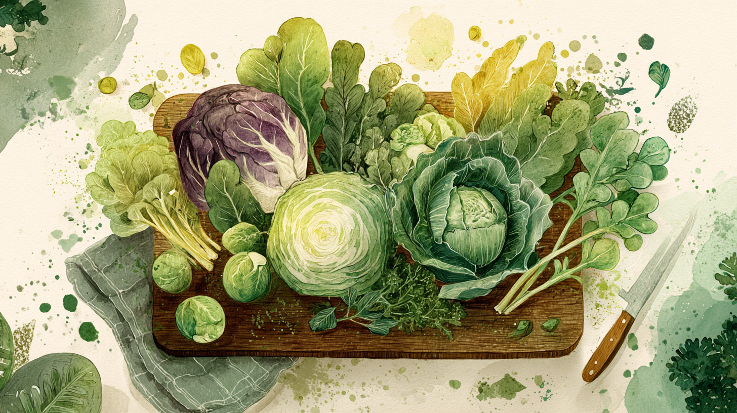 Variety of bitter greens including kale, collards, and broccoli displayed on a wooden cutting board