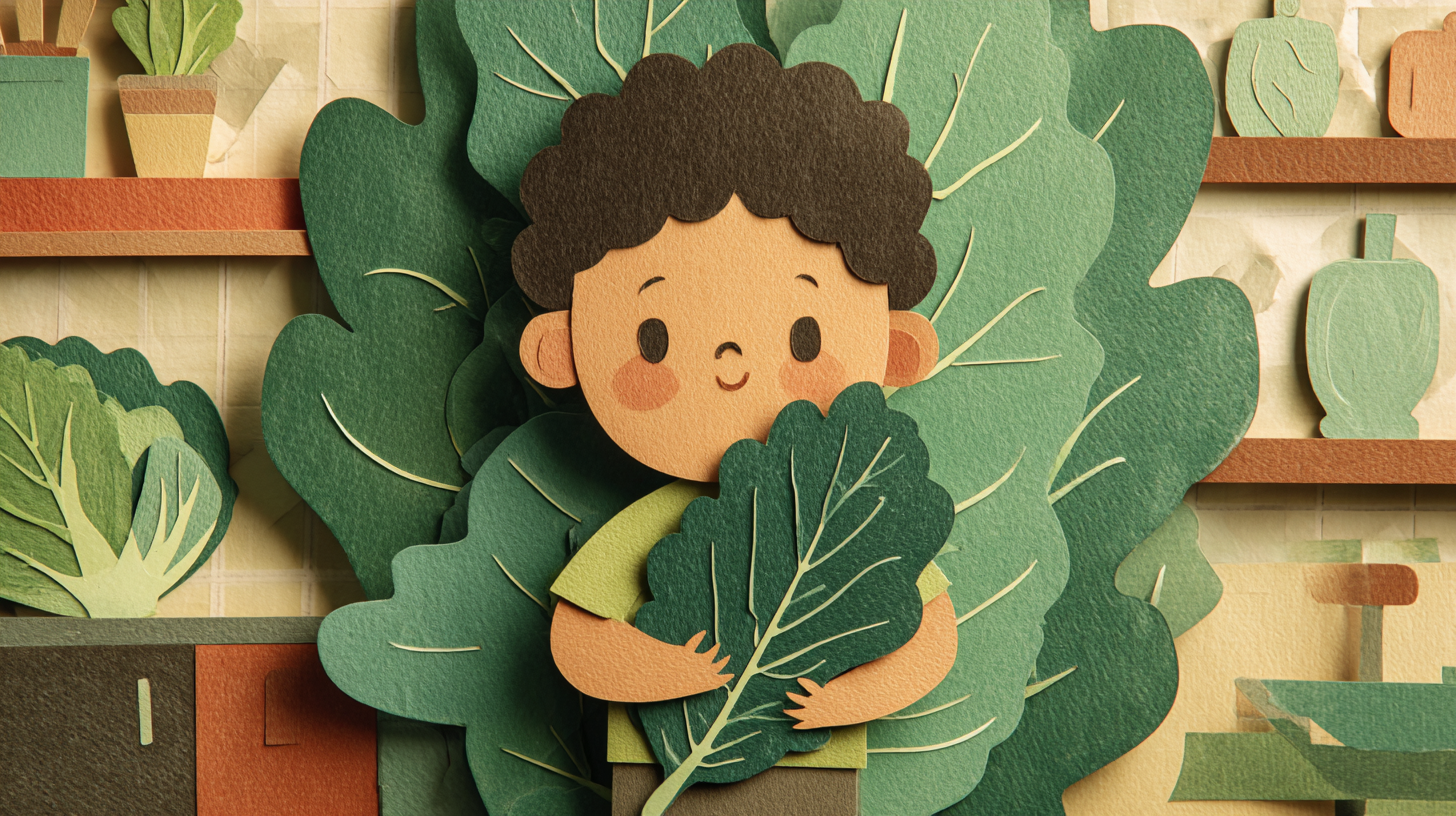 Smiling child holding a piece of dark leafy green vegetable with curiosity and confidence