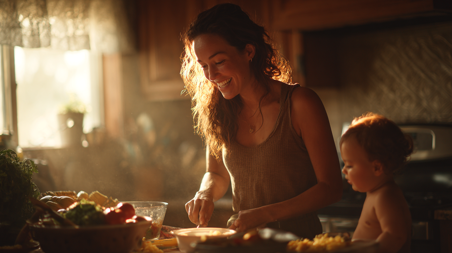 Parent confidently preparing diverse nutritious baby meals with fresh ingredients