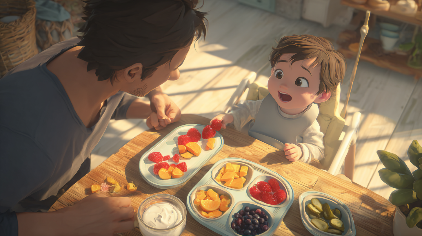 Parent introducing colorful sour foods to excited child during family mealtime