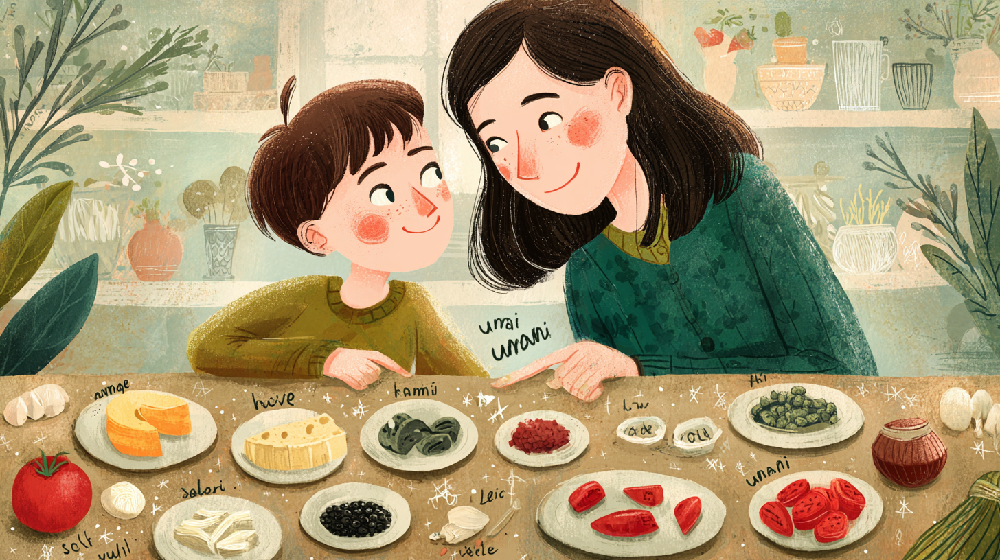 Parent teaching child about different tastes and flavors with various foods on a table