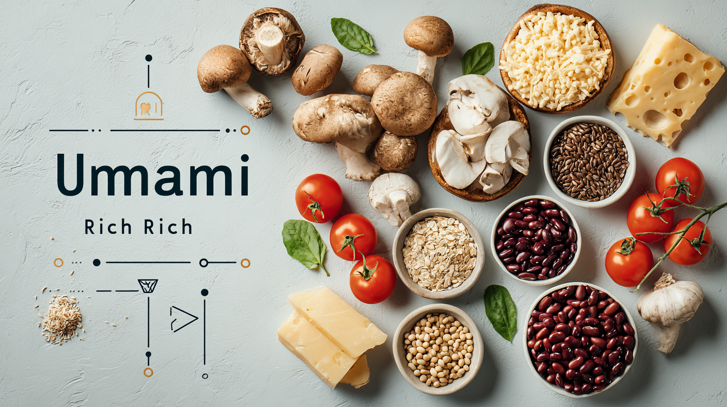 Colorful array of umami-rich foods including mushrooms, tomatoes, cheese, and beans arranged on a kitchen counter