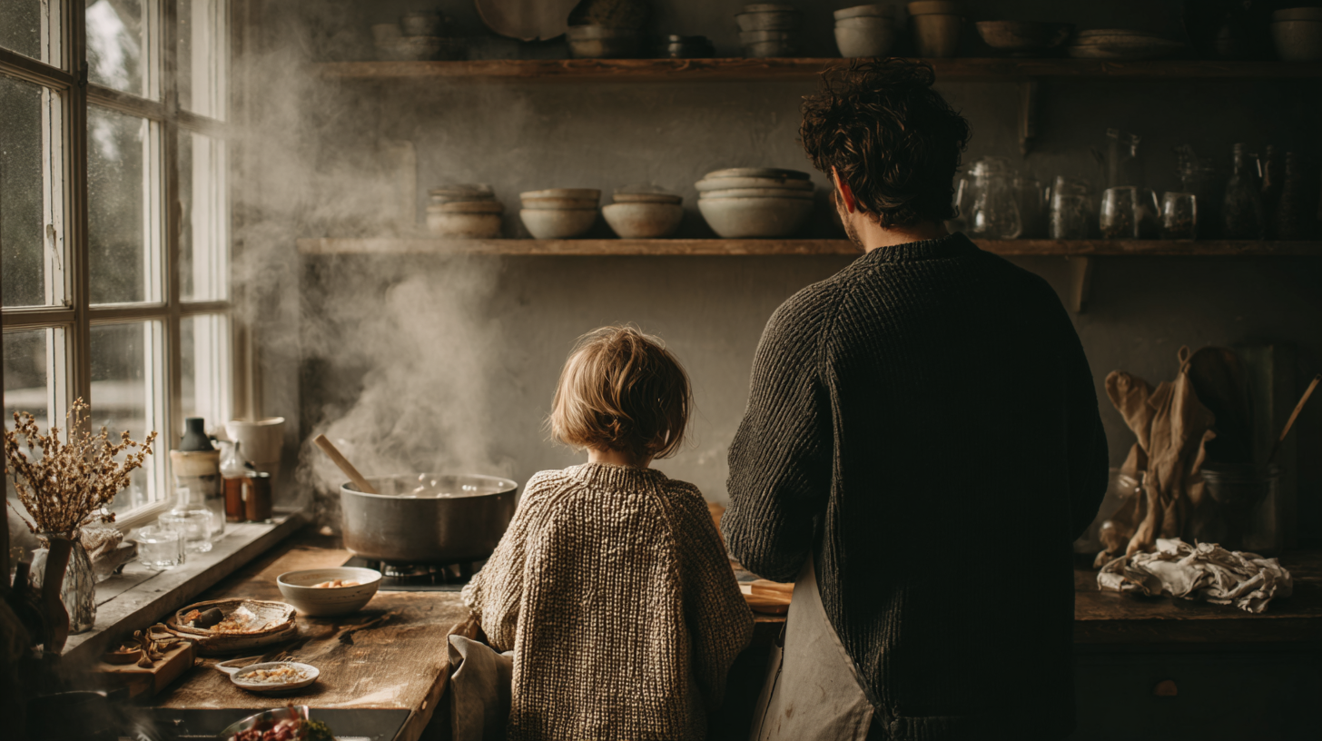 Happy family cooking together in kitchen with child helping parent prepare umami-rich meal