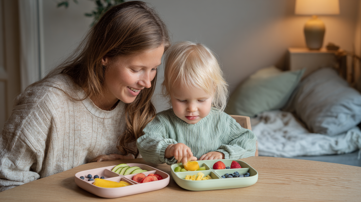Parent and child laughing together while exploring colorful new foods on a plate