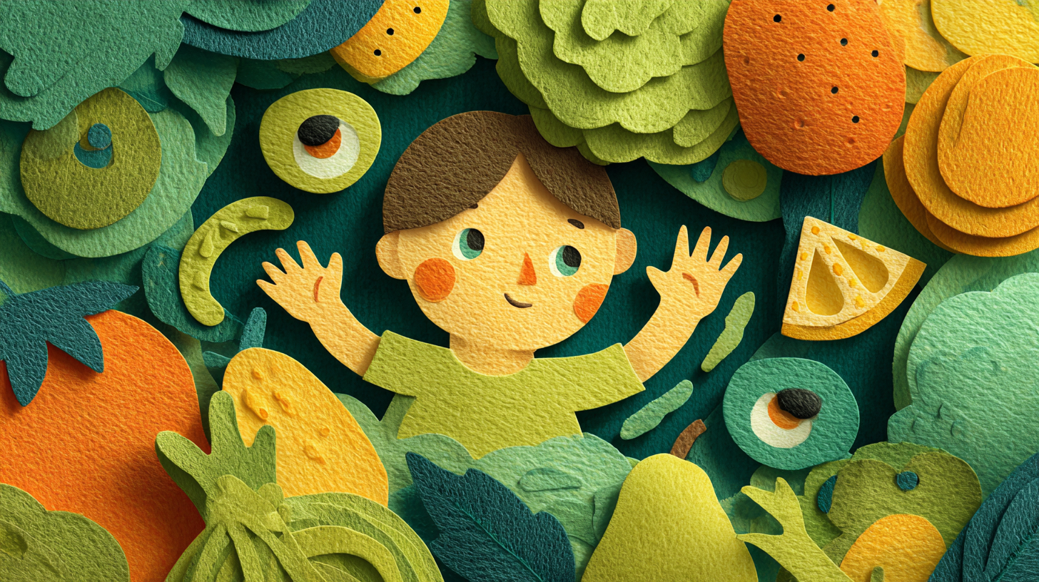 Toddler exploring fruit and vegetables with their hands during a playful family snack time
