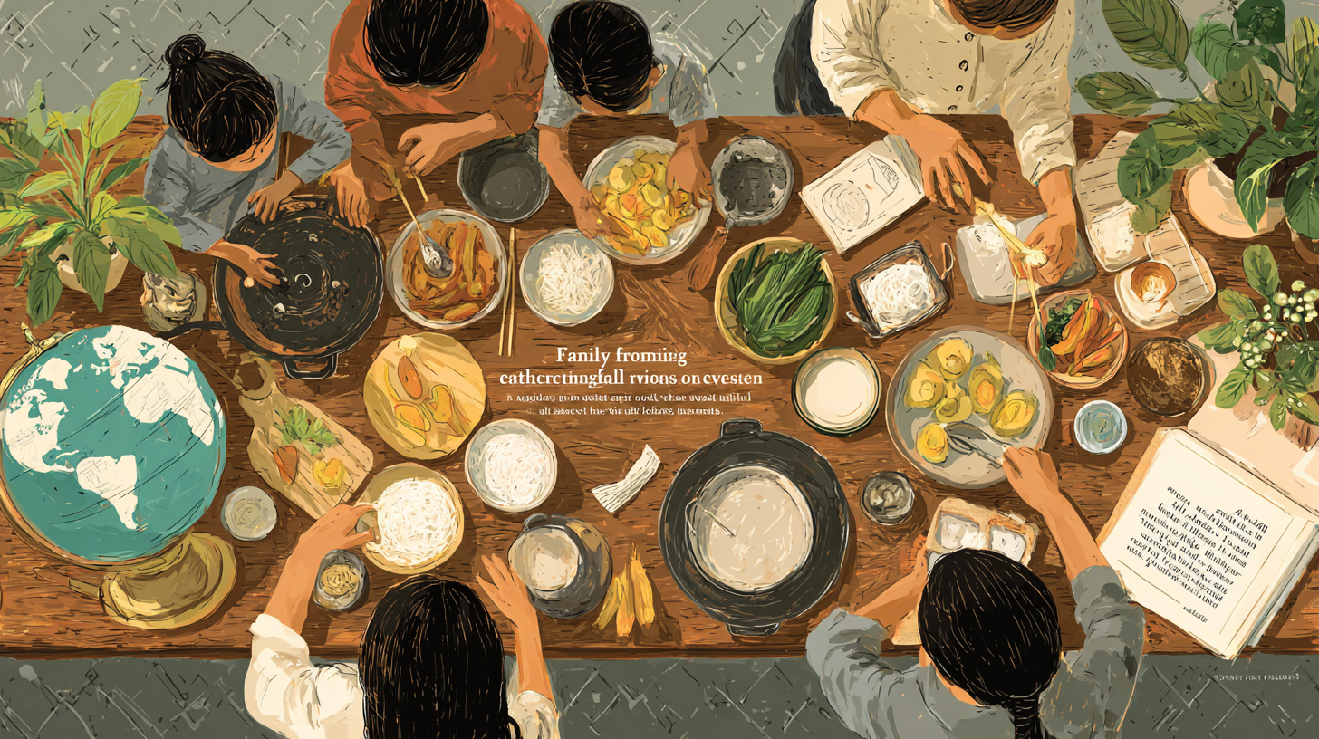 Family gathered around kitchen table exploring colorful international ingredients together