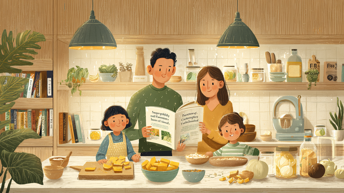 Family cooking together with international cookbook and fresh diverse ingredients on counter