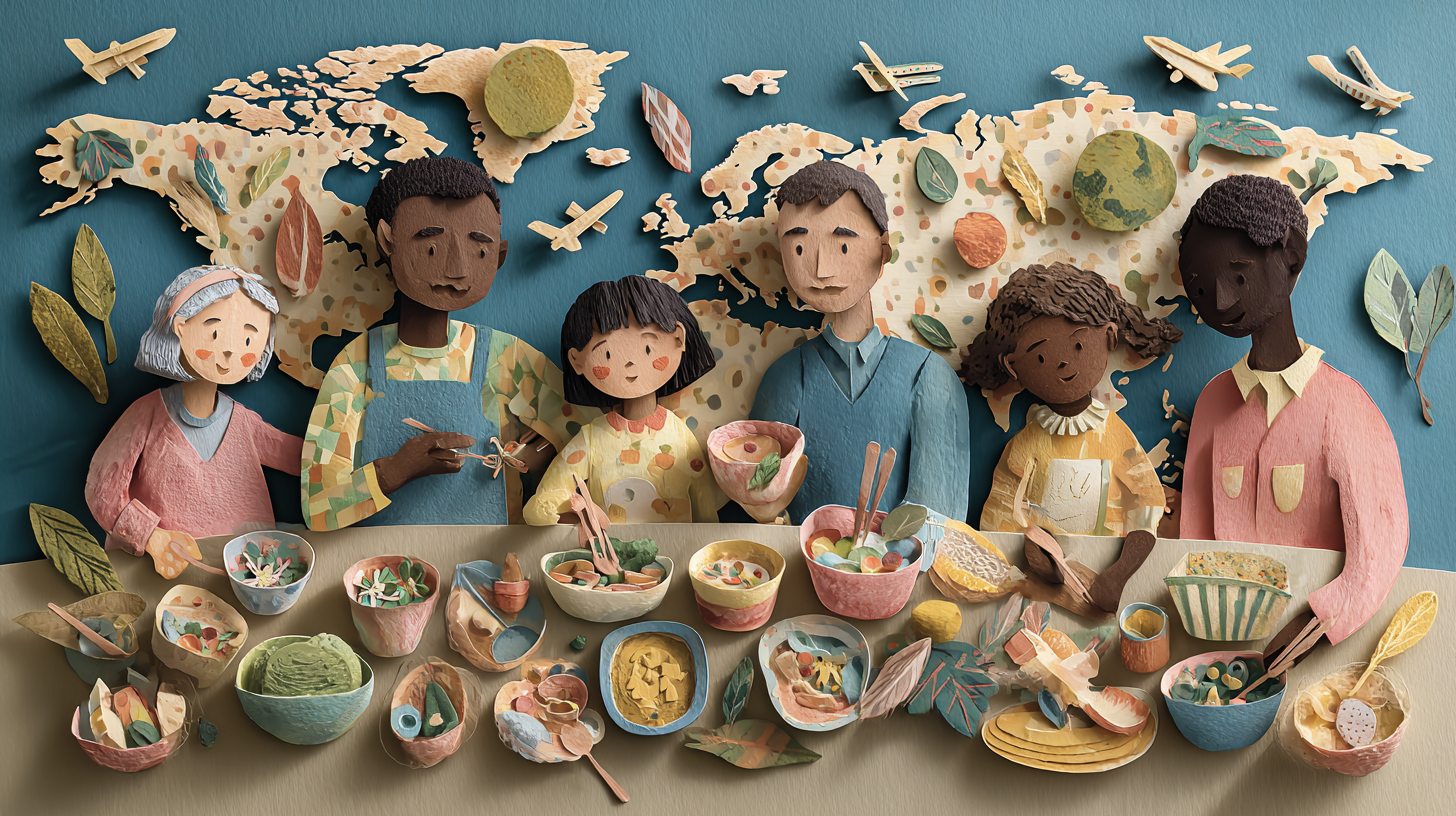 Family gathered around dinner table with world map and diverse international dishes representing global food education