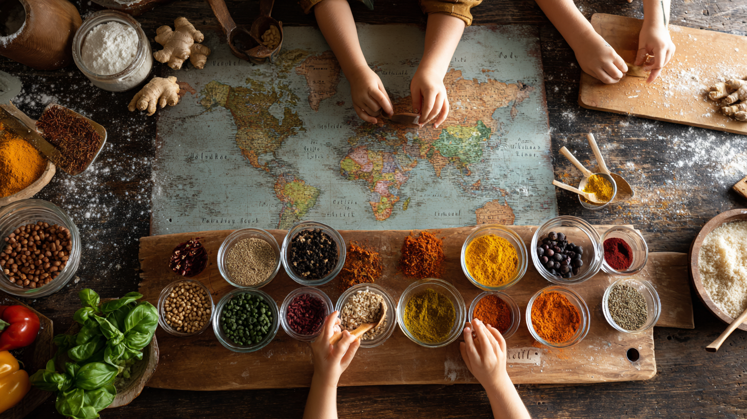 Children's hands preparing international dishes with ingredients from different continents spread across kitchen counter with world map in background