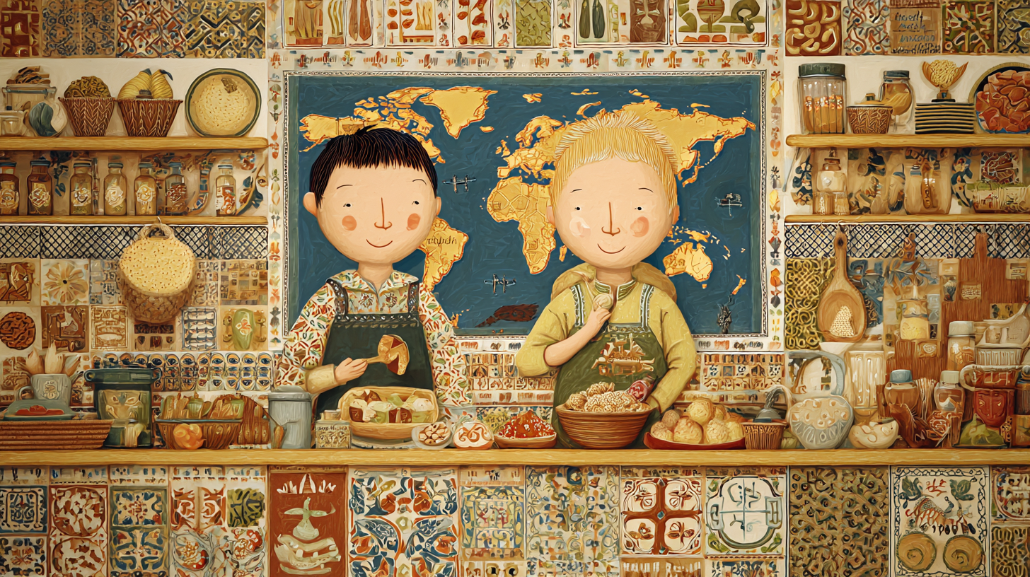 Family kitchen scene with children learning geography through cooking with international spices, world map, and diverse ingredients from various cultures