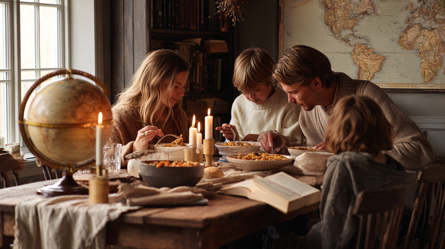 Family cooking traditional recipes together in a warm kitchen, teaching children about cultural heritage through food preparation