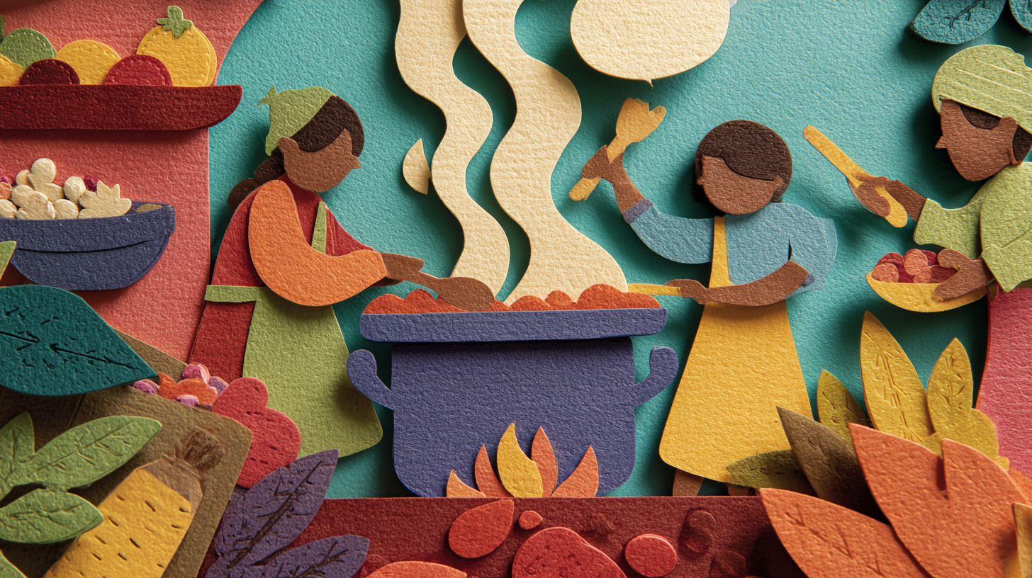 Children engaged in cooking historical recipes, discovering cultural traditions through hands-on food preparation and family storytelling