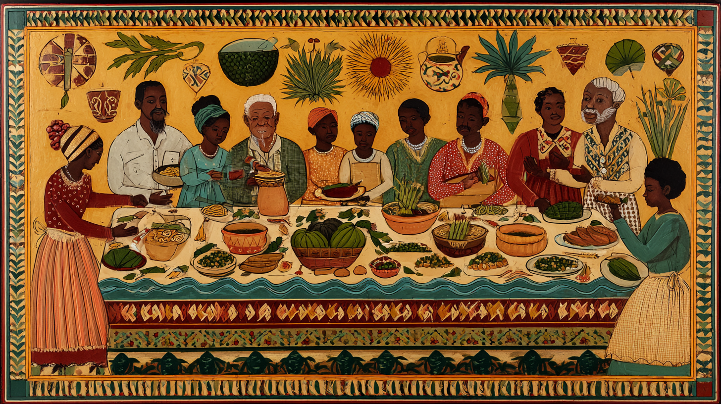 Multigenerational family sharing traditional foods and stories, preserving cultural heritage through cooking and eating together