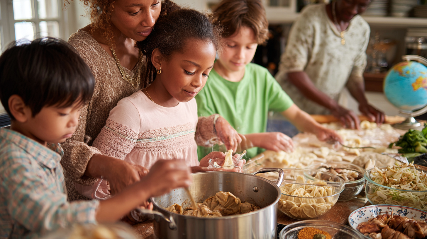 Diverse family gathering around a table filled with holiday foods from various cultures, celebrating together with warmth and joy