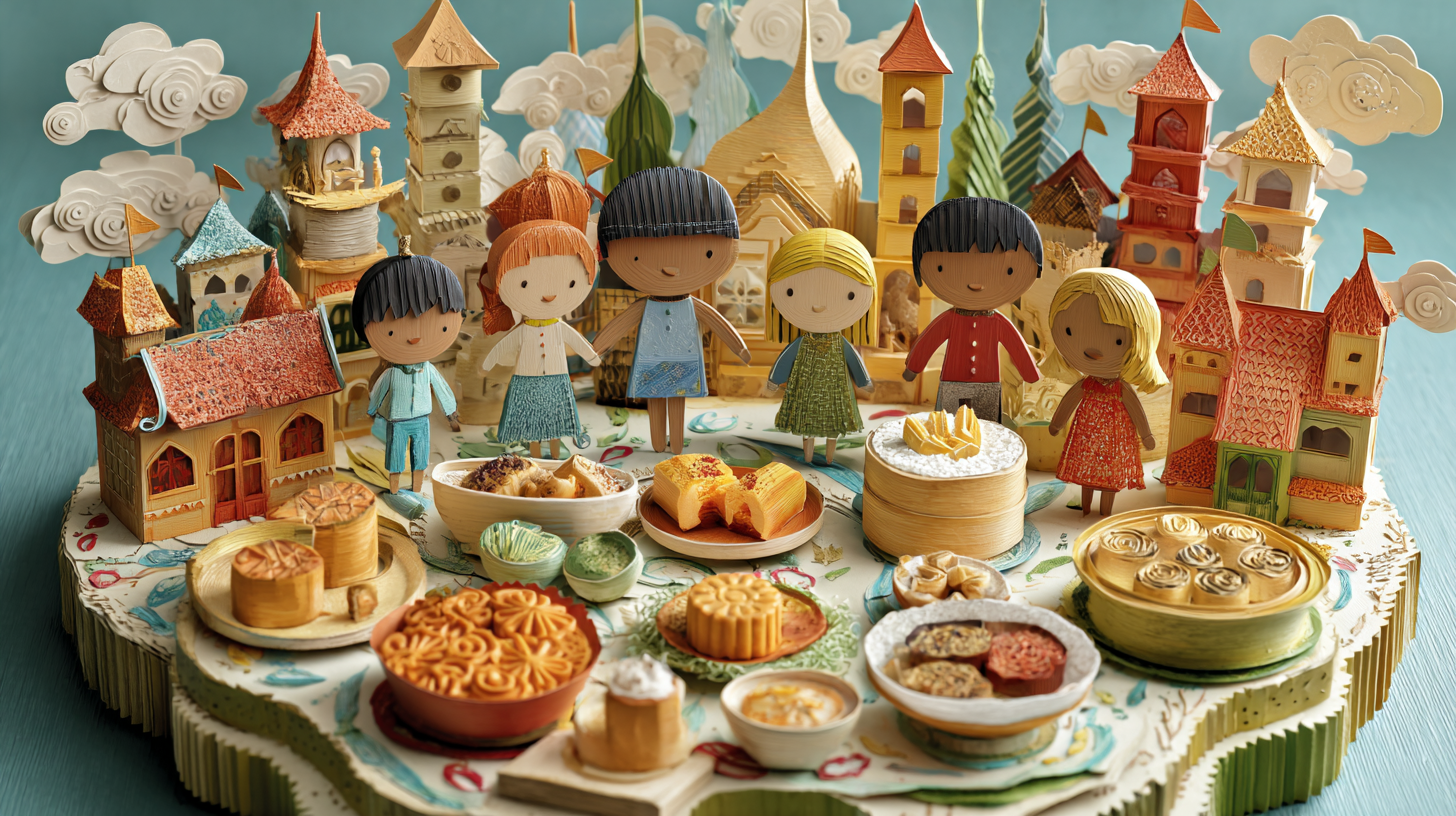 Children of diverse backgrounds cooking traditional holiday foods together in a bright, welcoming kitchen