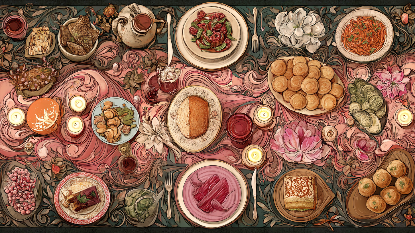 Colorful array of international holiday dishes arranged on a festive table with decorations from various cultures