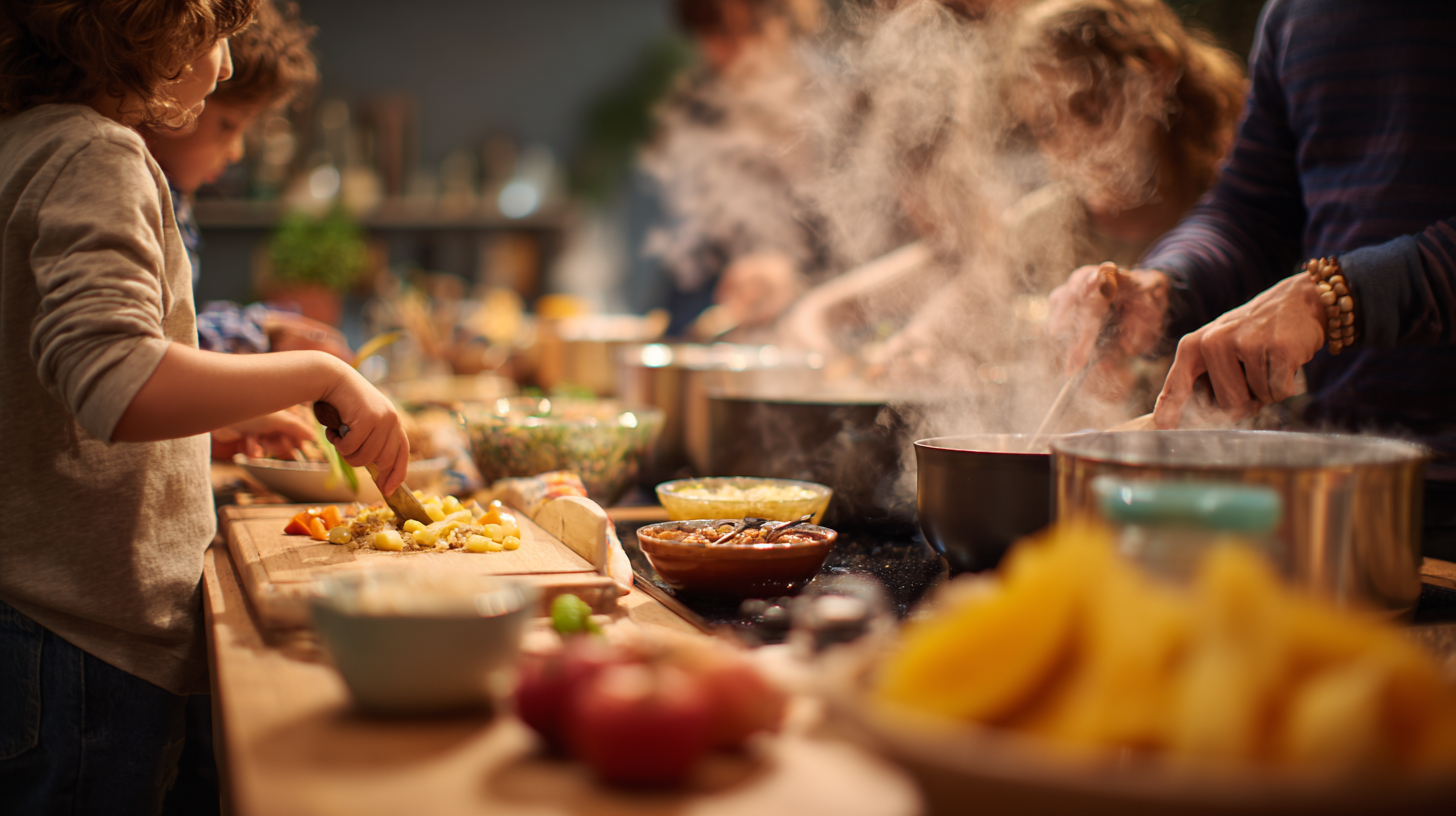 Family gathered around a diverse spread of international foods celebrating together with joy and connection