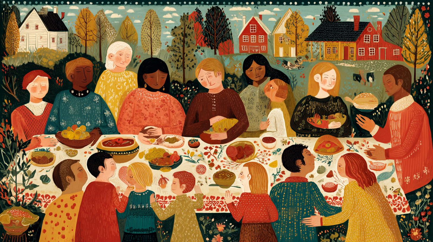 Diverse group of families sharing a meal together at a long table with various cultural dishes displayed showing unity and joy