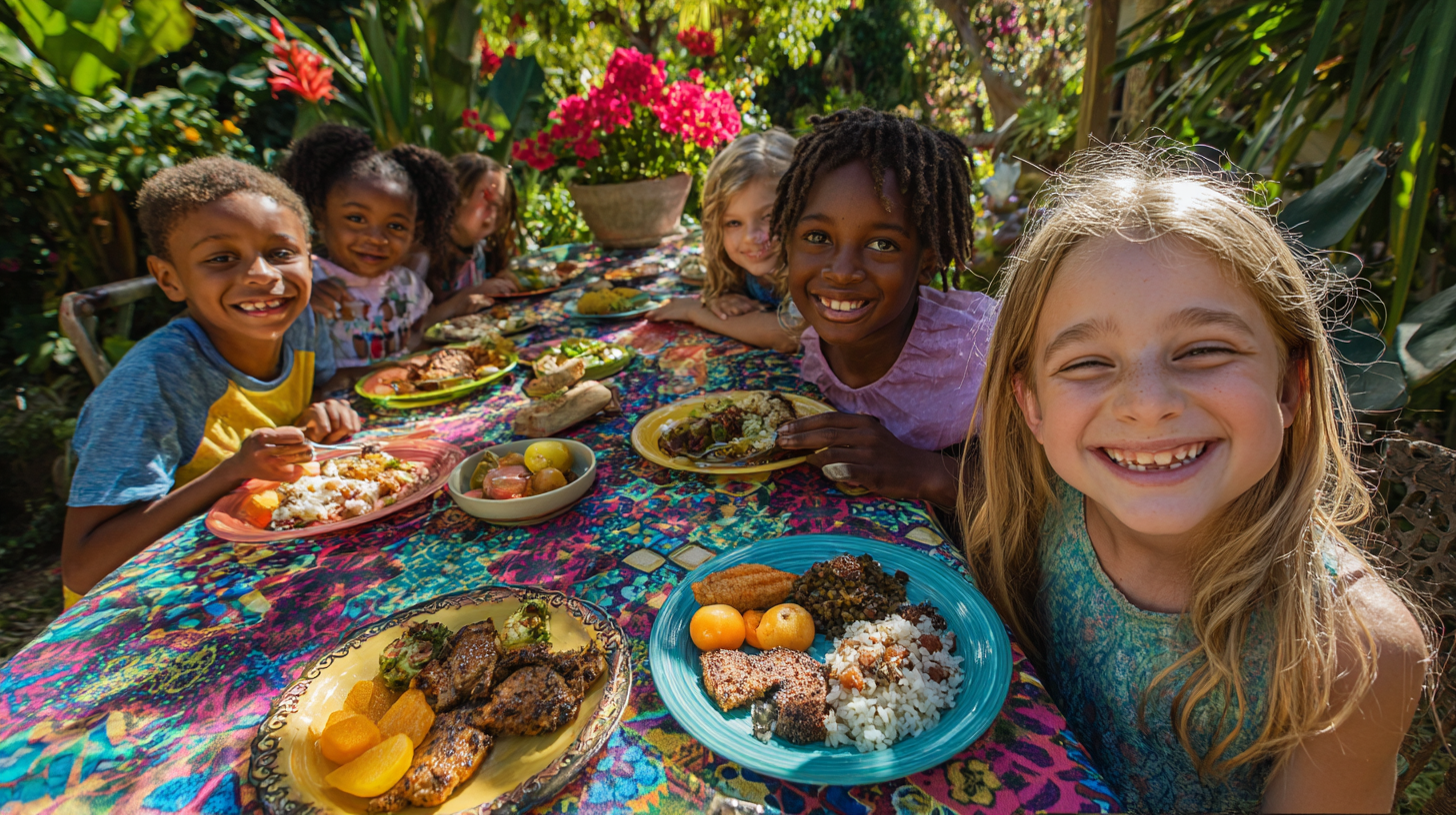 Children of different backgrounds happily eating together at a table with various safe food options