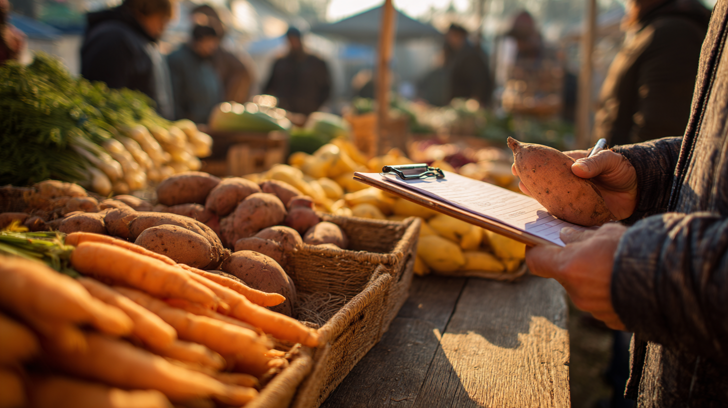 Parent examining fresh vegetables and grains for baby food preparation with testing materials nearby