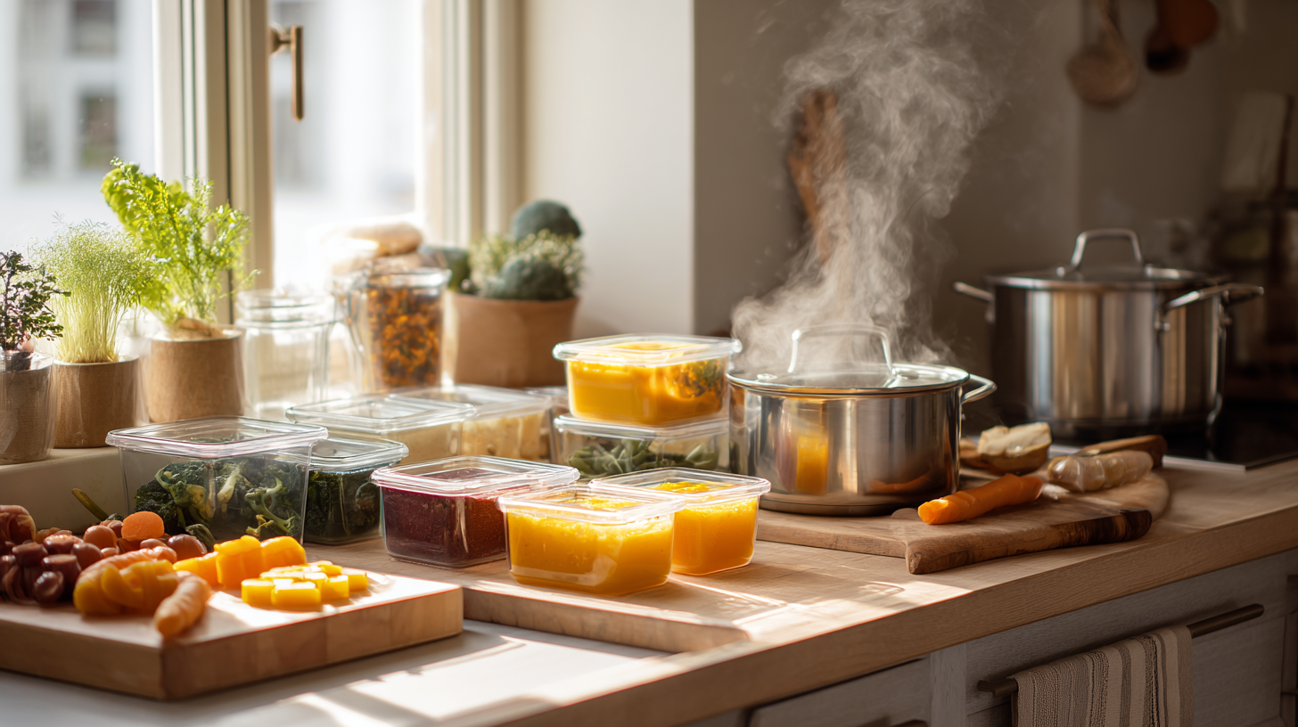 Kitchen counter with organized batch cooking containers, fresh produce, and food safety testing materials