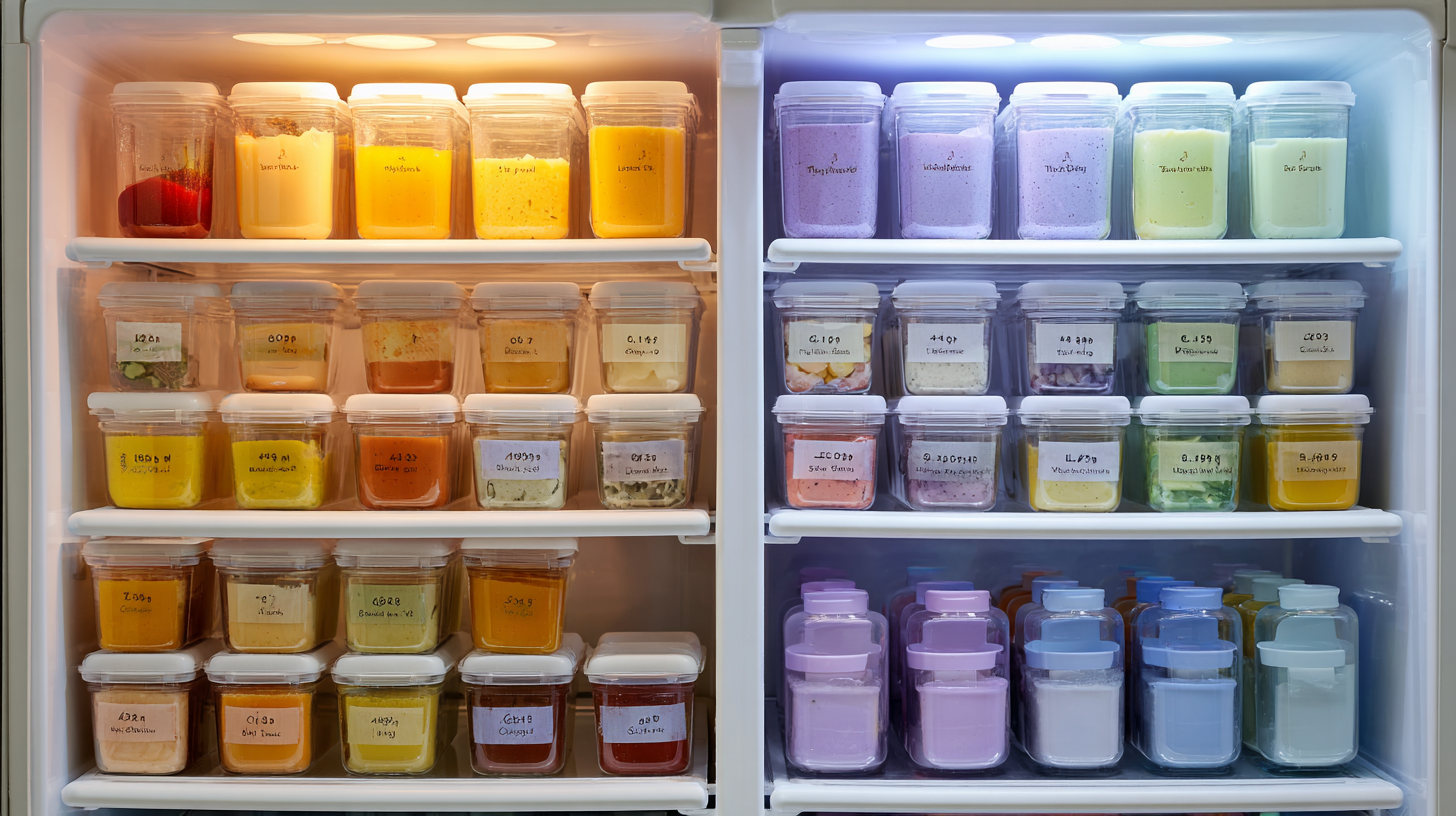 Organized freezer with labeled baby food portions in safe storage containers showing proper batch organization