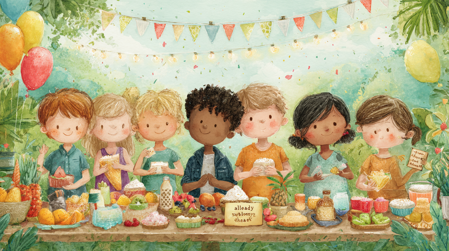 Diverse group of children happily eating together at a colorful birthday party with allergy-safe treats and decorations