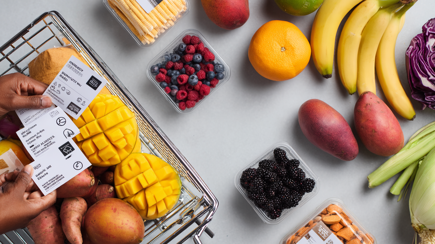 Parent reviewing food labels at grocery store with shopping cart full of allergy-friendly party supplies and ingredients