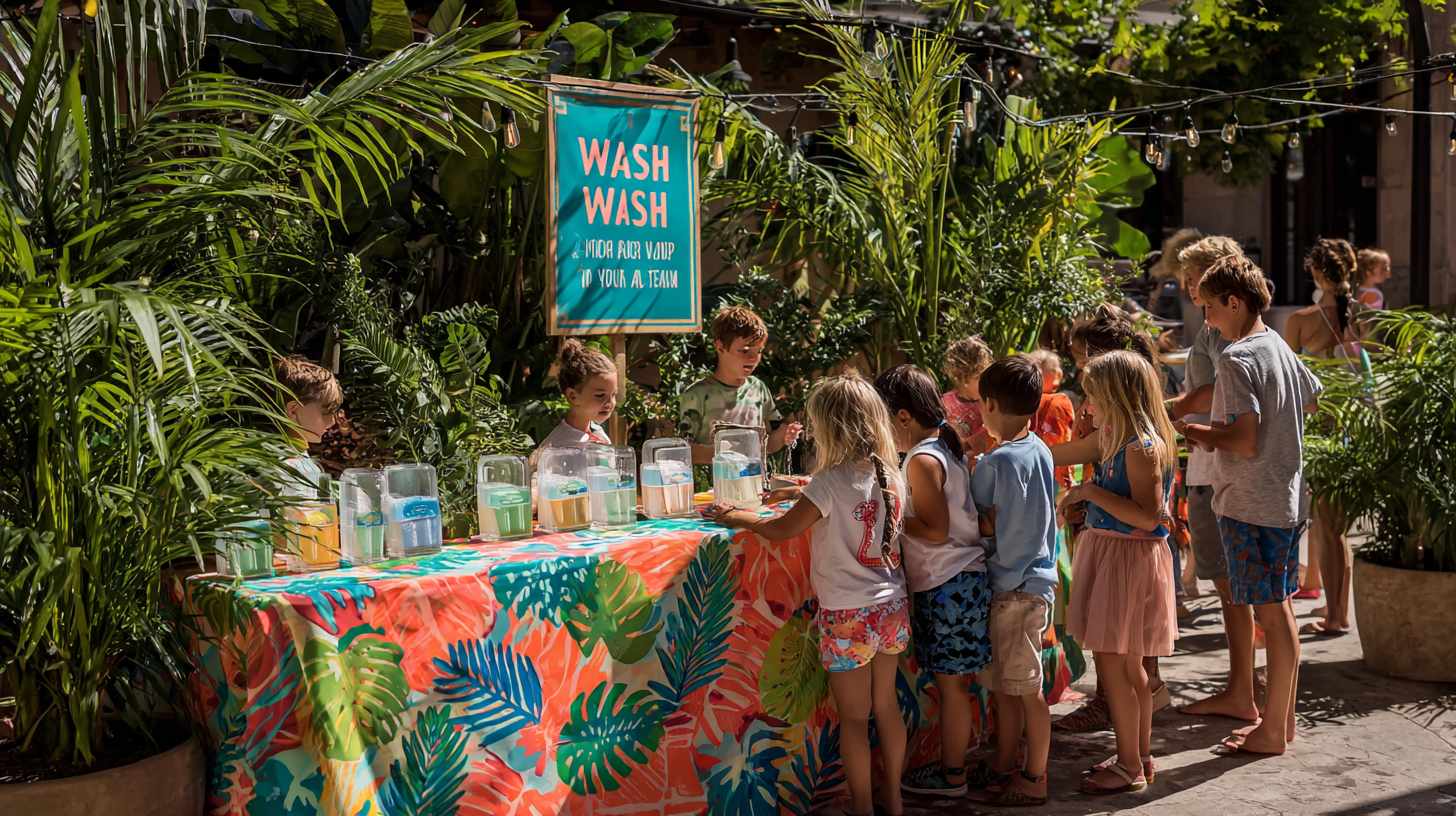 Children and adults washing hands at colorful outdoor party handwashing station with soap dispensers and paper towels