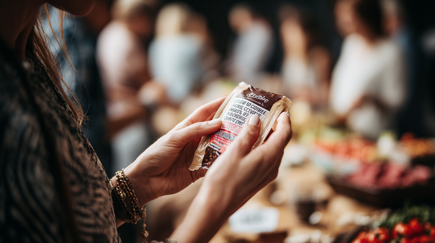 Parent reading food labels carefully and communicating with host about allergen safety at potluck