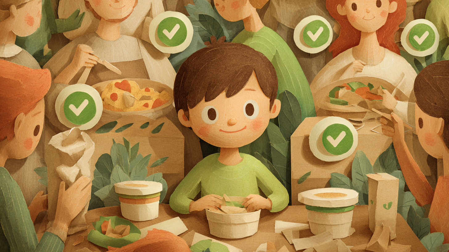 Child eating safely from labeled allergen-free food containers at family gathering while parent supervises