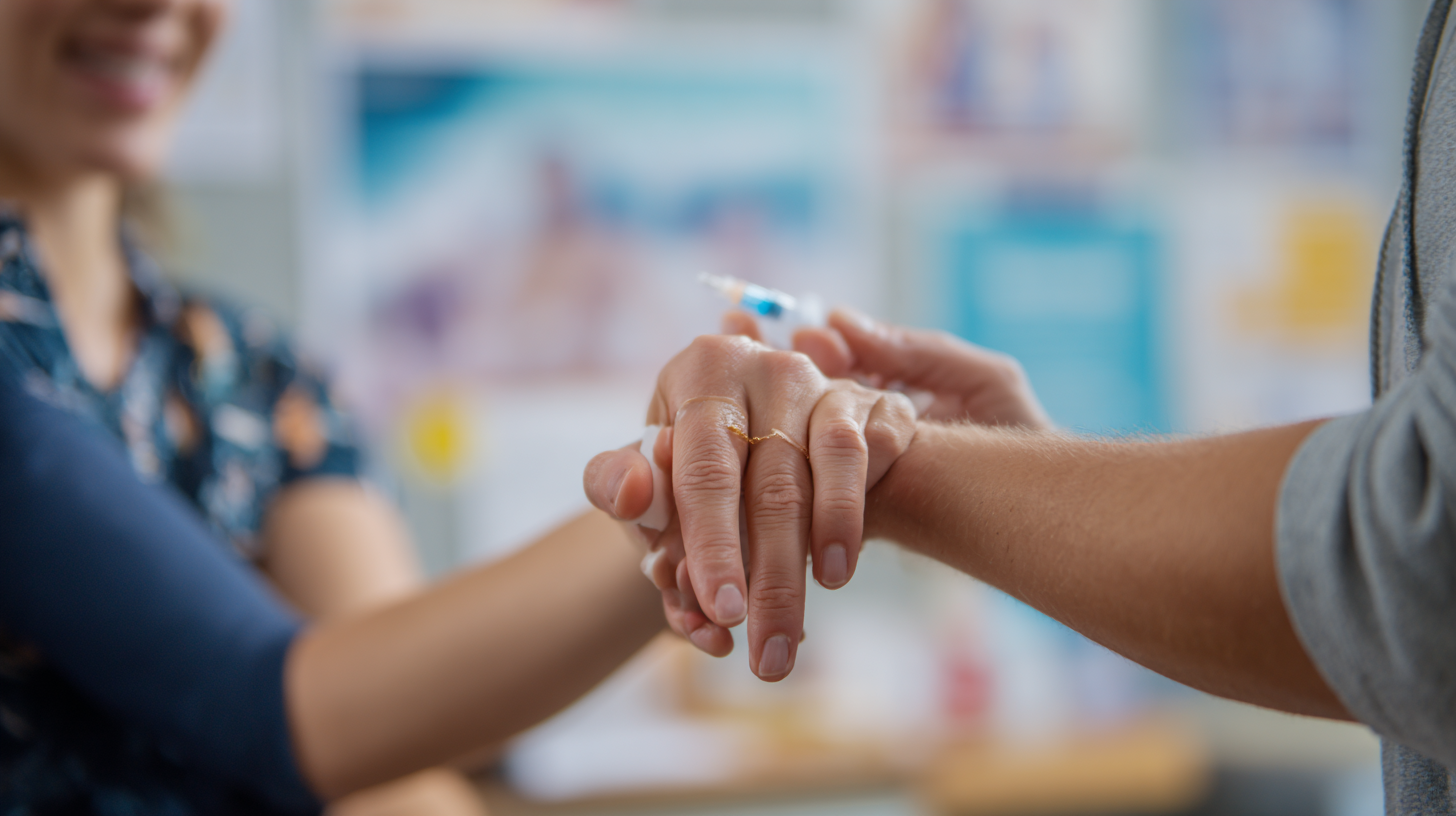 Caregiver learning proper EpiPen injection technique during hands-on training session