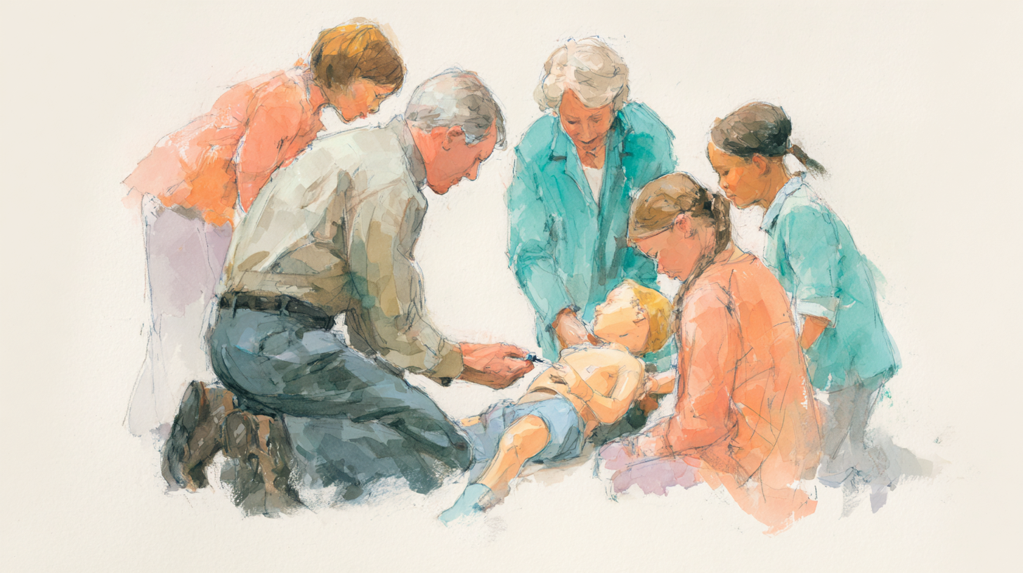 Parent demonstrating correct EpiPen grip and thigh injection angle to family members