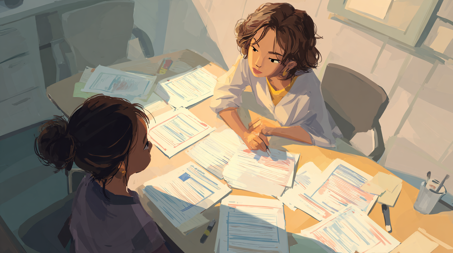 Parent reviewing school allergy safety documents and 504 plan with school administrator