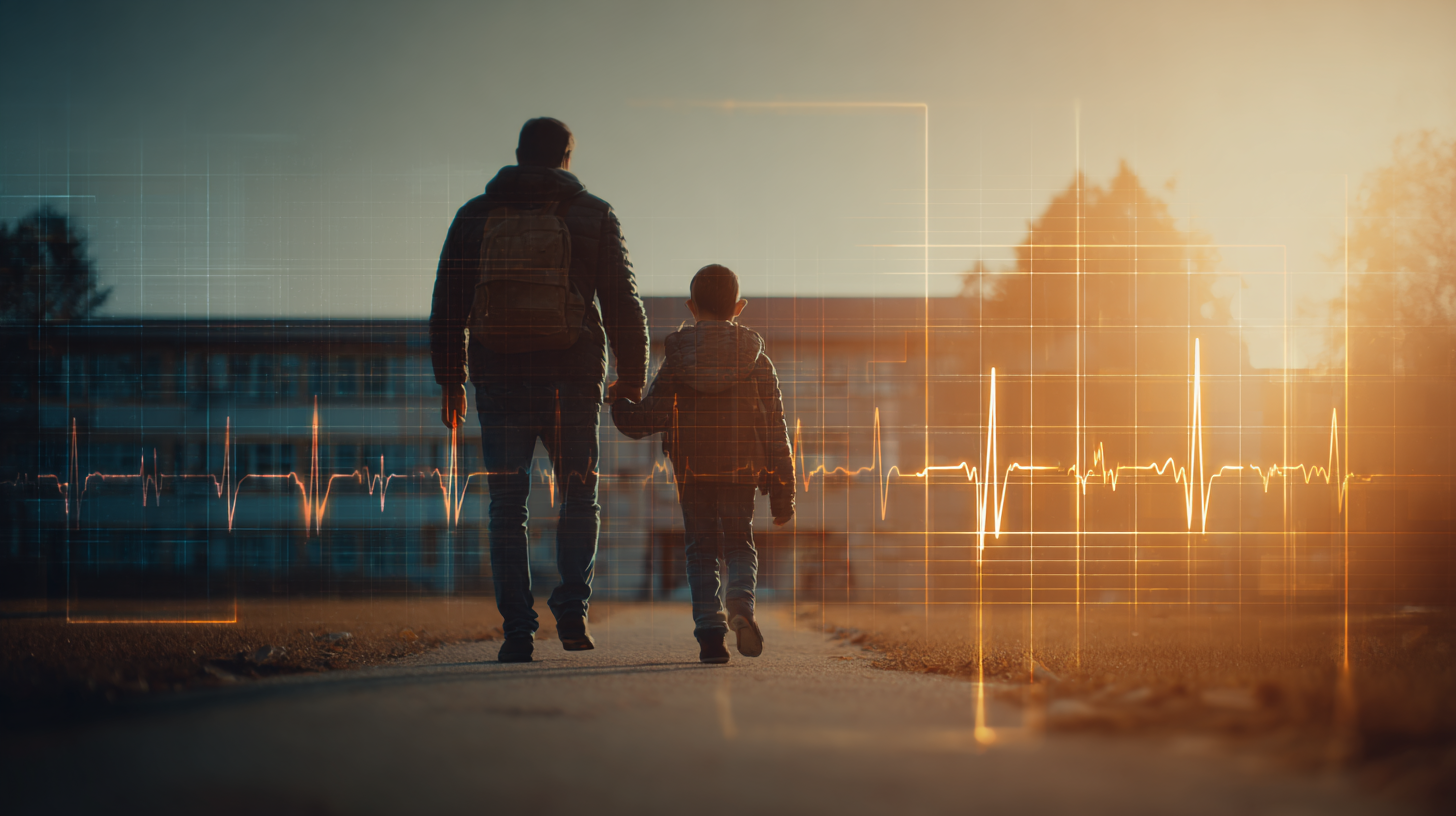 Confident parent and child walking together toward school building with backpack