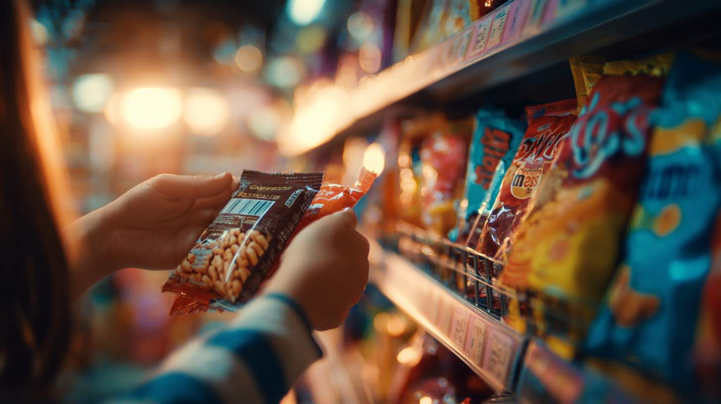 Parents reading food labels carefully while shopping for allergy-safe celebration treats with their child