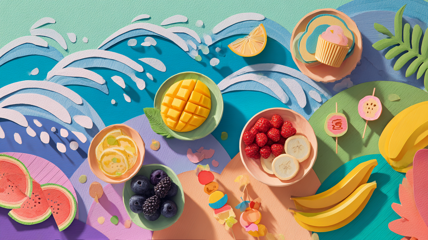 Colorful spread of Caribbean-inspired allergy-friendly celebration foods including fresh fruits, coconut treats, and plantain-based desserts