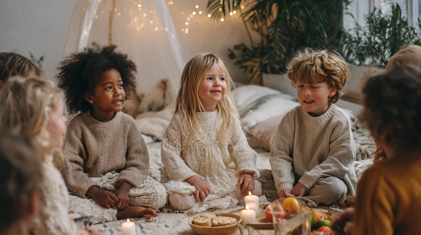 Diverse group of children celebrating together at a birthday party, all enjoying the same allergy-safe treats with genuine smiles