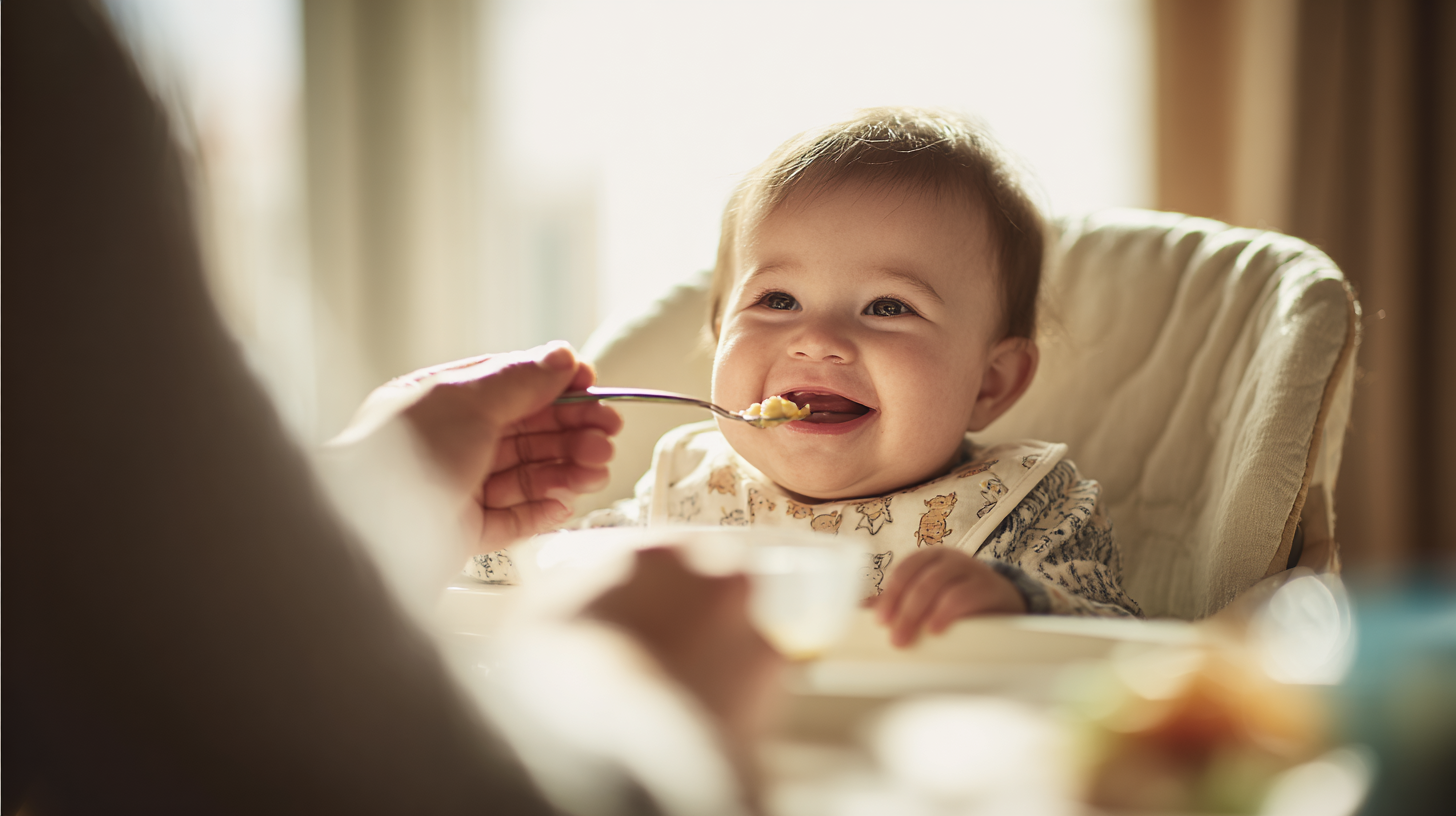 Happy parent and baby enjoying mealtime together with variety of food options